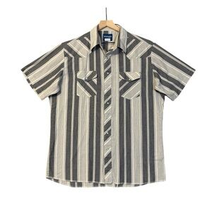 Wrangler Vintage Western Pearl Snap Gray Striped Short Sleeve Shirt XLT #1821